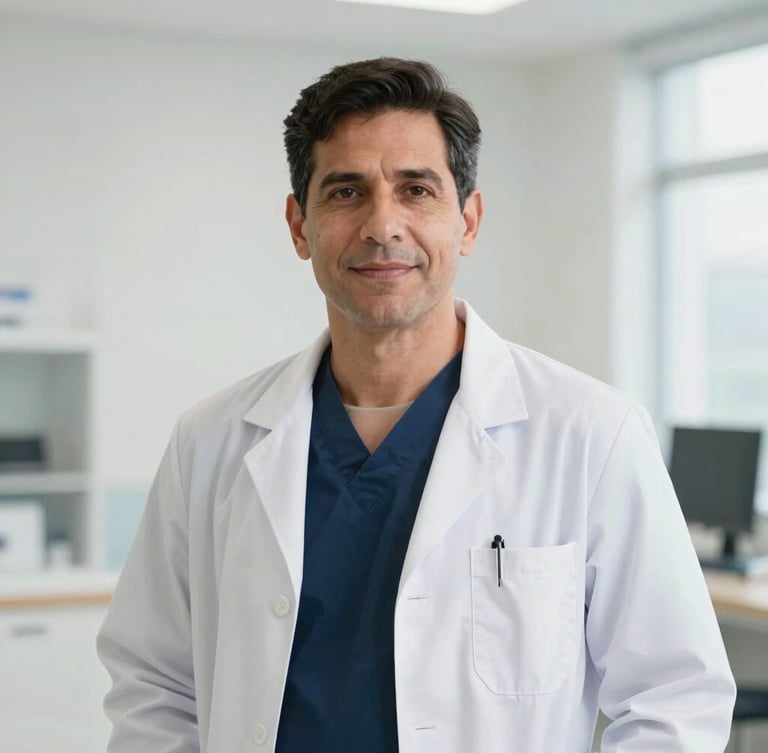 Professional portrait of Dr. Eduardo Cárdenas in sterile clinical attire, bright natural daylight, clean medical environment, sharp focus.