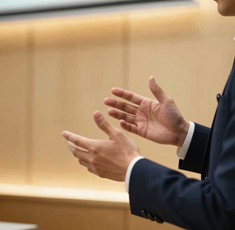 Close-up of hands gesturing during a professional presentation in a sleek corporate environment, warm golden highlights, sharp focus, 50mm