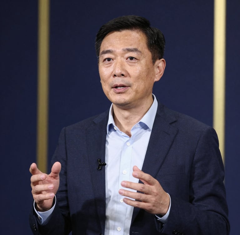 Medium close-up of a confident professional gesturing naturally during an executive presentation, sharp corporate lighting, deep navy background, 50mm