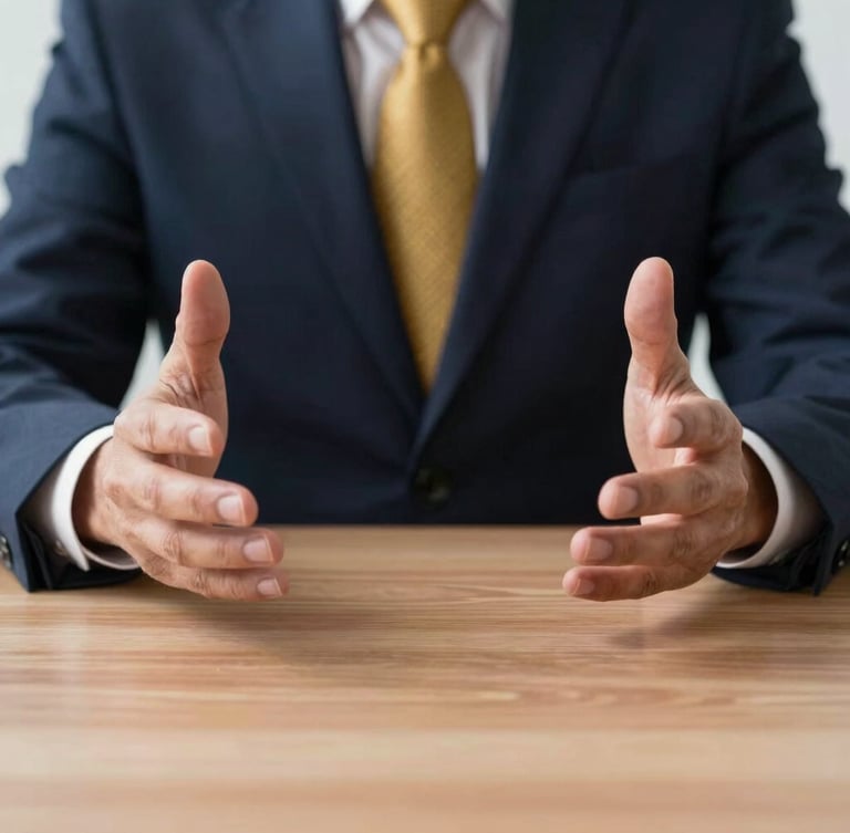 Close-up of hands gesturing with absolute confidence over a clean wooden boardroom table, high-contrast corporate lighting, sharp focus, 50mm