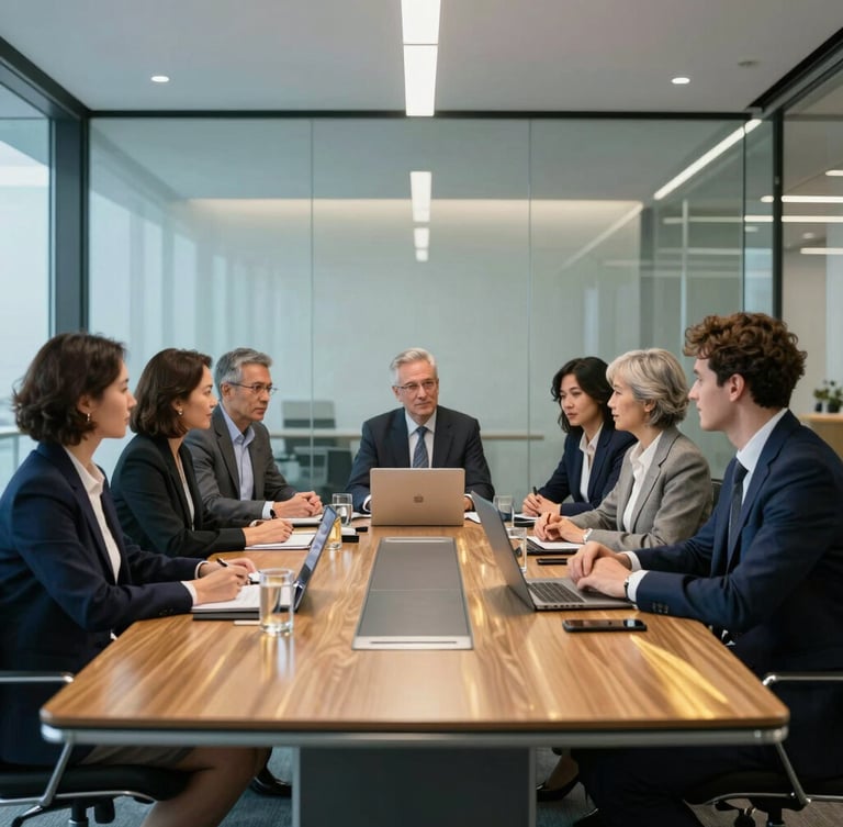 Wide environmental portrait of diverse corporate executives collaborating in a sleek modern glass boardroom, sharp studio lighting, cool blue and warm gold accents