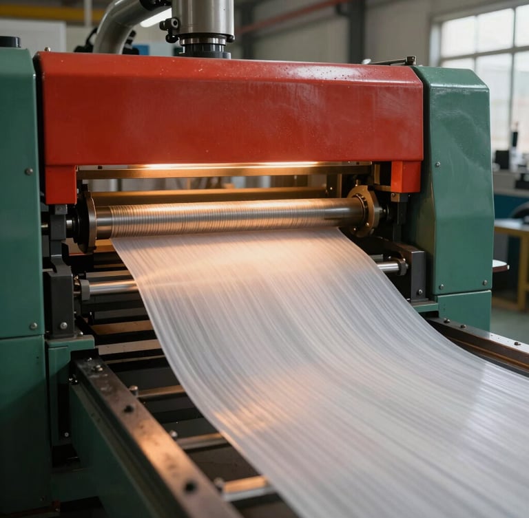 Vertical portrait of a modern plastic extrusion machine operating in a factory workshop, molten material forming clean sheets, warm accent lighting, 35mm lens.