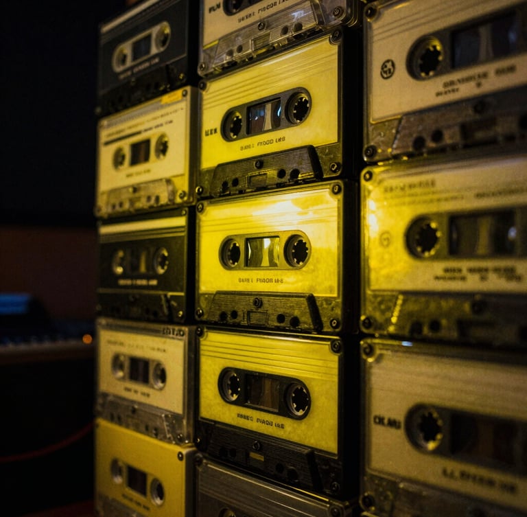 Intimate close-up of a vintage tape recorder and cassette decks stacked in a dimly lit basement studio, moody neon yellow backlight, high contrast, grainy texture.
