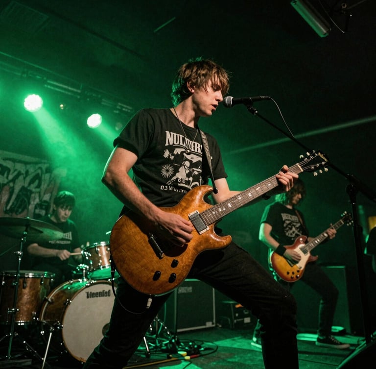 Low-angle gritty concert photography of a punk band performing under high-contrast neon green stage lighting, deep shadows, visible grain, raw editorial style.