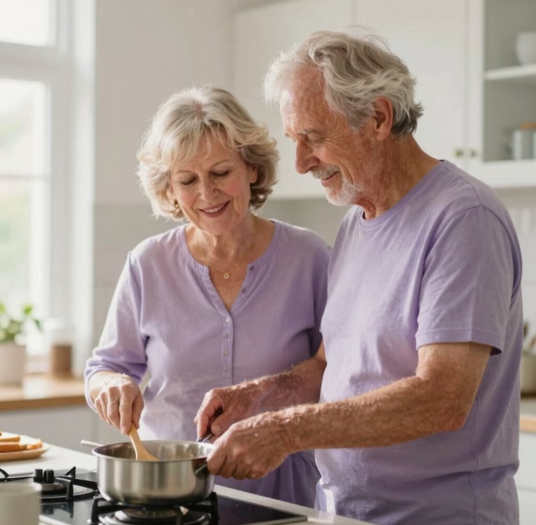 A warm lifestyle portrait of a Caucasian couple in their late 60s cooking together in a sun-drenched kitchen, soft lilac undertones, natural daylight, candid moment.