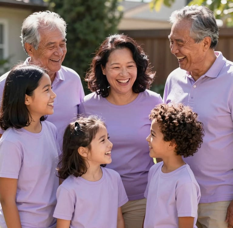 A warm lifestyle portrait of a mixed-race multi-generational family laughing together in a sunlit backyard, soft lilac color cast, candid natural moment, shallow depth of field