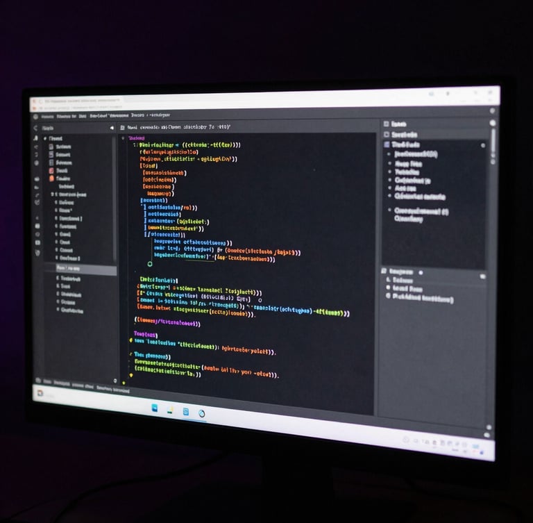 Low-key dramatic studio lighting, close-up of custom code interface on a high-end monitor, subtle purple rim light, dark background.