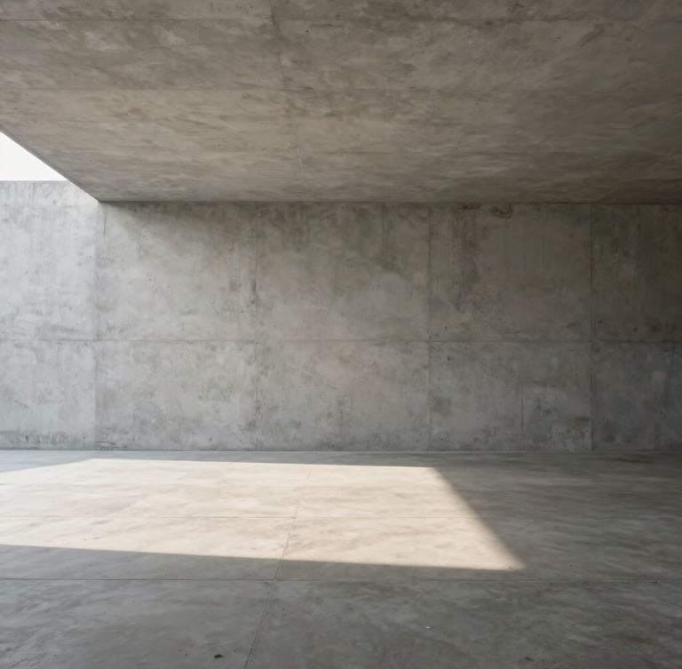 Wide architectural perspective of a minimalist concrete interior, soft diffused morning light casting long subtle shadows, elegant negative space on the left