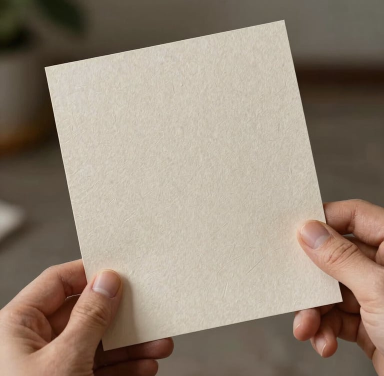 Hands holding a heavy-weight textured paper card with blind debossing, soft diffused side light, emphasizing material honesty.
