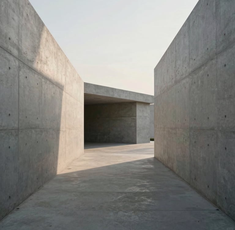Wide architectural elevation of a concrete pathway leading into a minimalist concrete structure, soft morning shadows, diffused natural light.