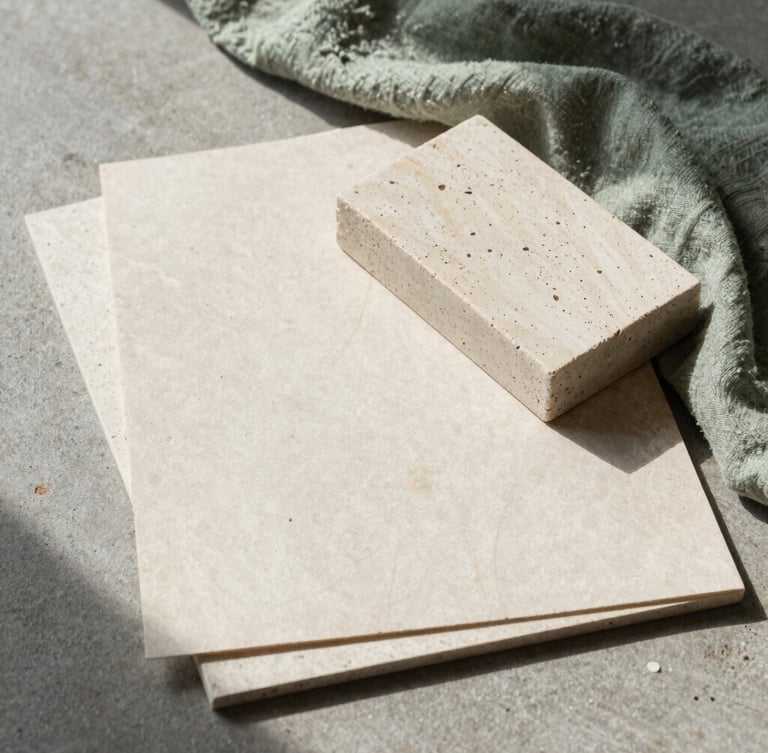 Flat-lay of physical design materials on a concrete surface. Textured heavy paper stocks, a block of raw light-colored stone, and a swathe of sage green linen. Soft diffused morning light casting quiet shadows.