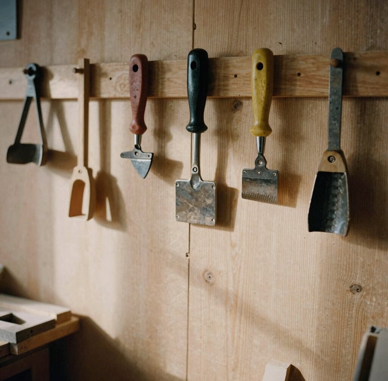 A warm, natural light workshop with woodworking tools hanging on a wooden wall, soft shadows, tactile textures, 35mm film grain