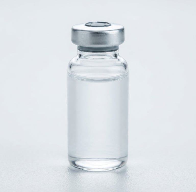 Extreme close-up macro photography of a sealed glass vial containing clear liquid, sitting on a sterile white laboratory surface, bright diffused cool studio lighting, 100mm macro lens.