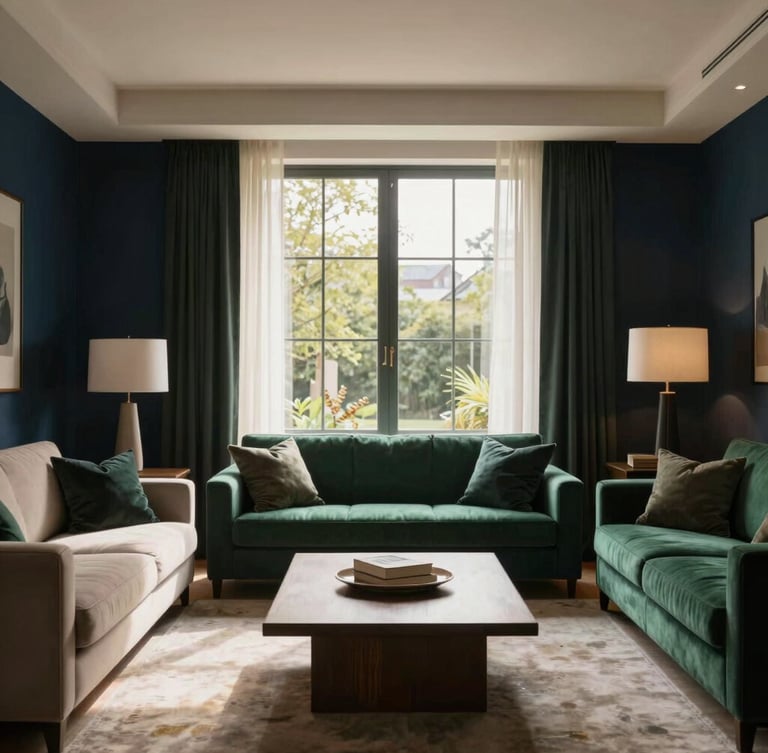 Warm, beautifully lit modern residential interior of a communal living room, soft daylight filtering through a window, elegant minimalist styling.