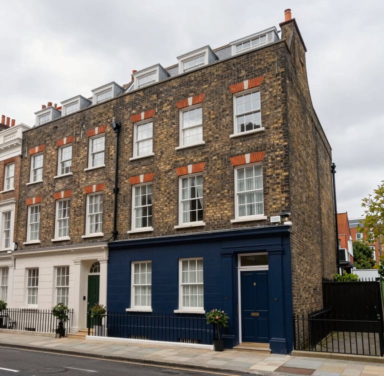 Wide-angle architectural exterior of a beautifully restored brick townhouse in London, soft overcast daylight, clean lines, premium editorial look.