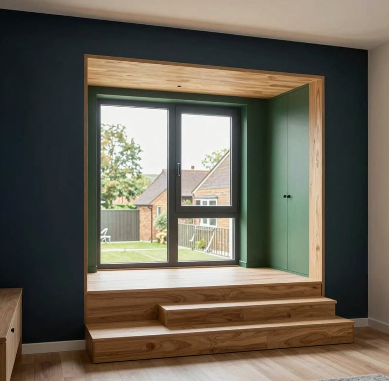Staged modern communal living area of a UK supported housing property, soft natural window light, deep green and warm wood accents
