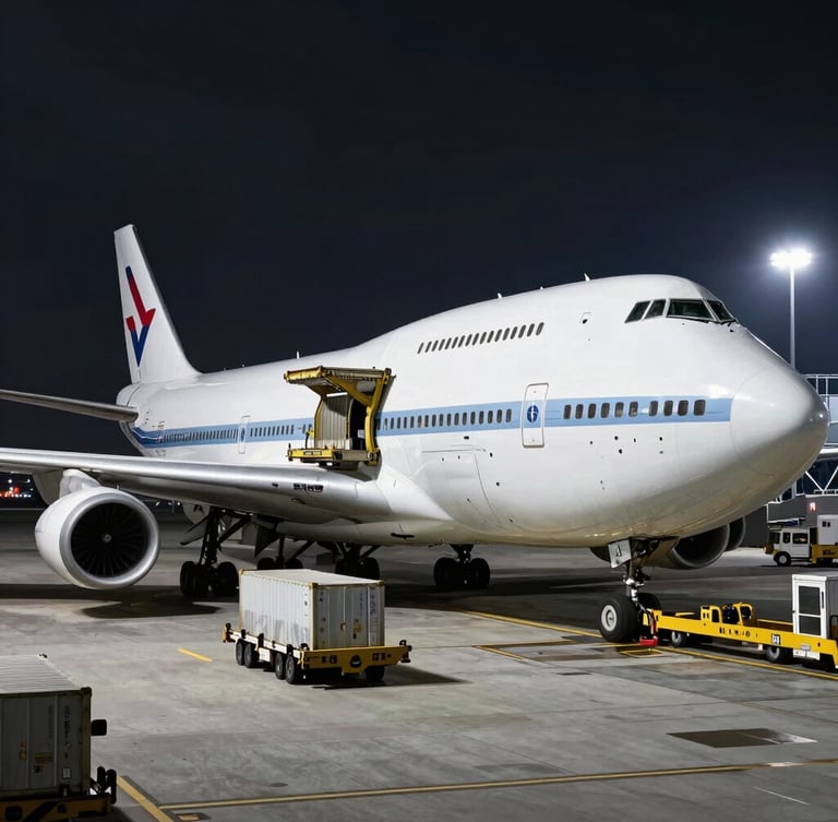 Wide-angle dramatic shot of a Boeing 747 freighter being loaded with cargo containers under cool industrial airport floodlights at night, cargo loaders active in foreground, high-contrast crisp details.