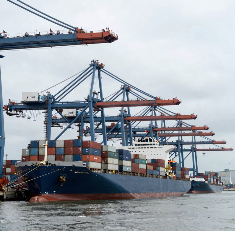 Wide environmental shot of container ships docked at Port Klang under overcast maritime skies, massive crane gantries lining the deep water berths.