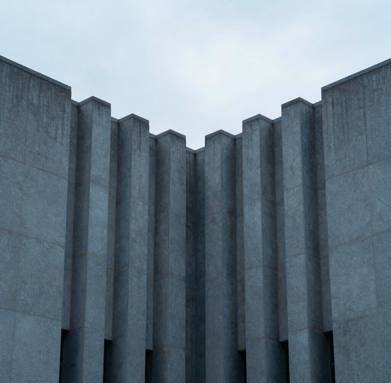 Macro close-up of sharp architectural lines of a modern courthouse facade, cool overcast morning light, muted blue shadows, highly symmetrical composition.