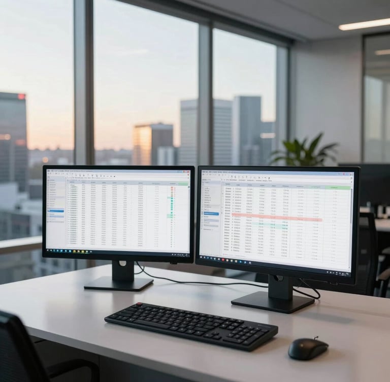 Wide panoramic view of a high-end Sydney corporate office at sunrise, clean dual-monitor setup showing complex financial spreadsheets blurred in the background, cool natural morning light filtering through floor-to-ceiling windows, professional and clinical atmosphere.