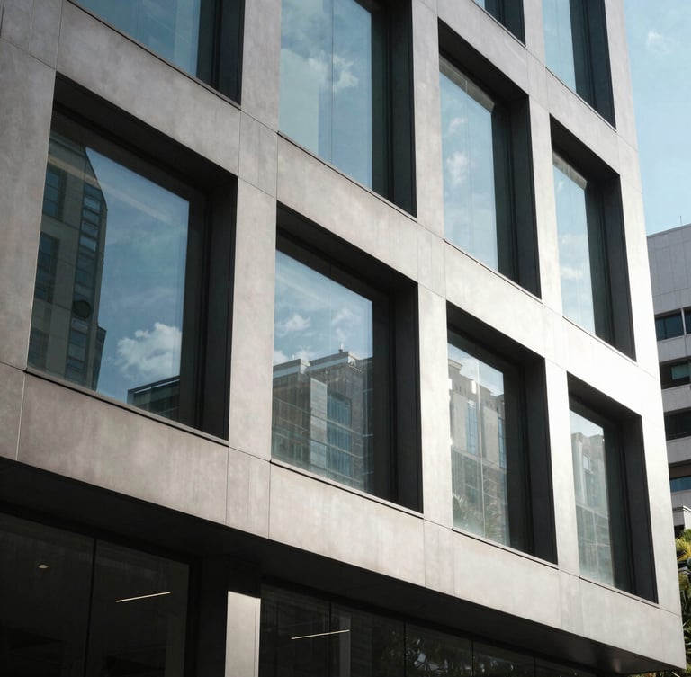 Bright, natural daylight illuminating a modern Sydney corporate office window with clean architectural lines, cool-toned and professional.