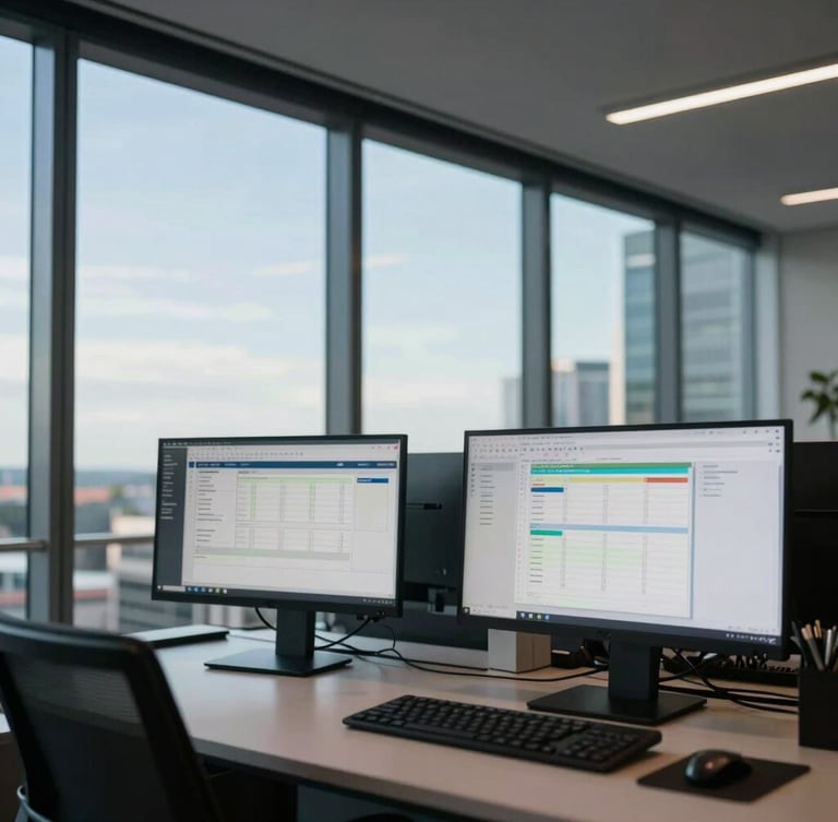 Wide environmental shot of a modern Sydney office tower interior, cool daylight streaming through floor-to-ceiling windows, blurred dual-monitor workstation in the background showing complex spreadsheets.