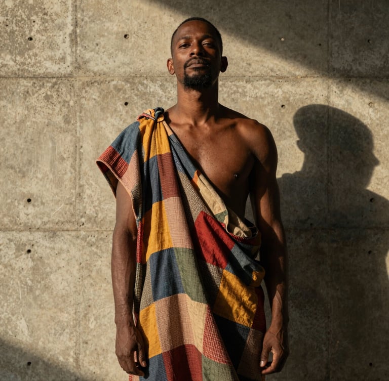Dramatic low-angle portrait of a Black Brazilian man in structured patchwork drapery, standing against a raw concrete wall with sharp amber light casting long shadows.