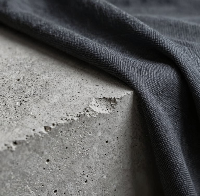 Macro photograph showing the rough, porous texture of gray concrete meeting the soft, dark, woven texture of a draped patchwork textile, high-contrast lighting.