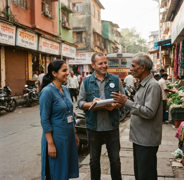 Warm documentary portrait of two local volunteers talking with a resident on a sunlit Goregaon street corner, 35mm lens, vibrant earth tones, eye-level framing.