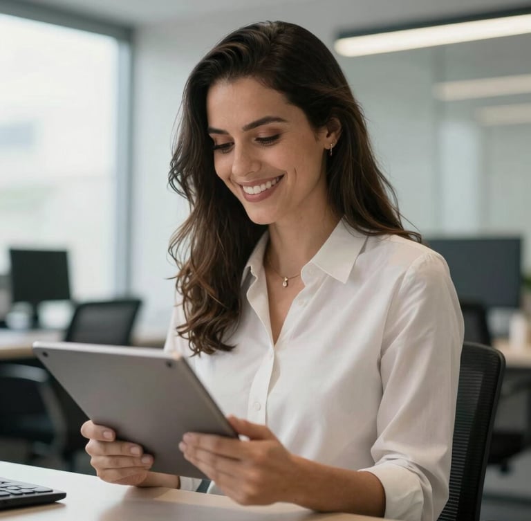 Close-up de uma profissional brasileira sorrindo em um escritório moderno iluminado por luz natural, segurando um tablet com dados de recrutamento.