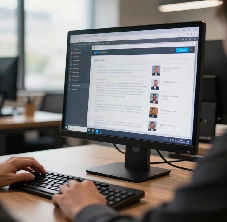 Recrutadora profissional analisando métricas de candidatos em uma tela moderna de computador, iluminação natural de escritório em São Paulo