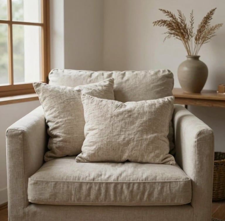 A cozy therapy room corner with a comfortable fabric armchair, soft linen pillows, a ceramic vase with dried grass, warm diffused daylight from a side window, peaceful atmosphere