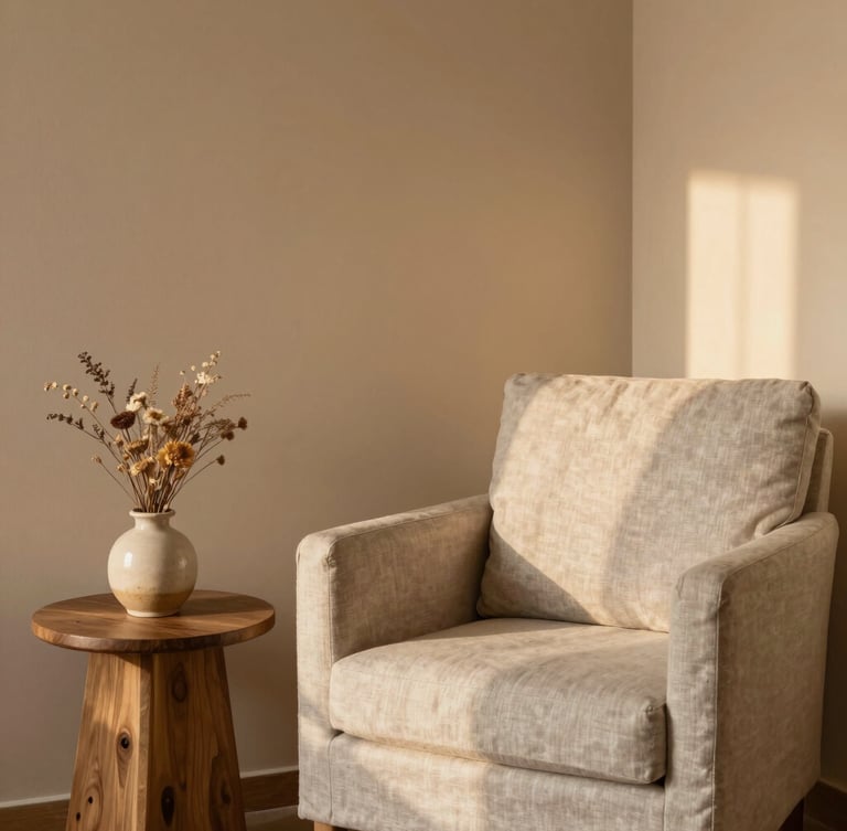 A cozy, empty corner of a modern psychotherapy room. A soft linen armchair, a small ceramic vase with dried wildflowers on a wooden side table, warm diffused golden-hour light casting soft shadows on a warm sand-colored wall.