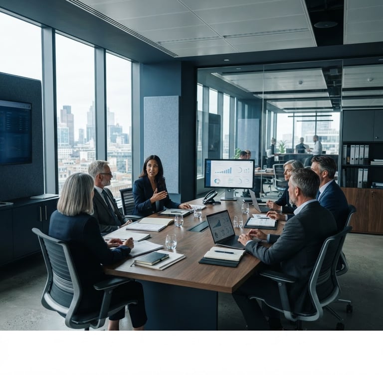 Wide shot of a modern, clean office environment with structured documents and a professional business meeting in progress, cool natural daylight, deep navy and slate tones, 35mm lens