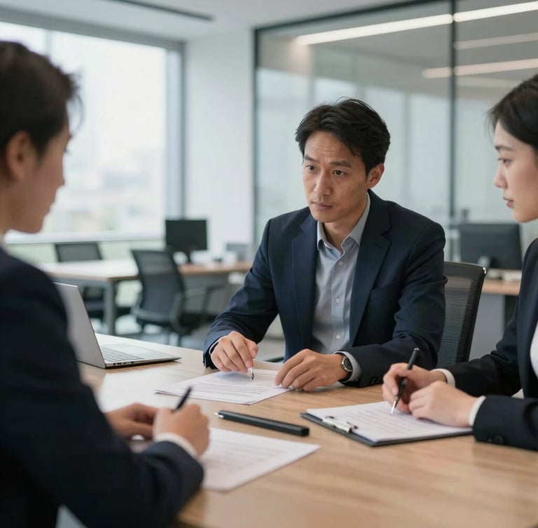 Modern, clean office interior with natural light, showing a consultant and client discussing documents at a large conference table, focus on hands and documents, shallow depth of field, cool tones.