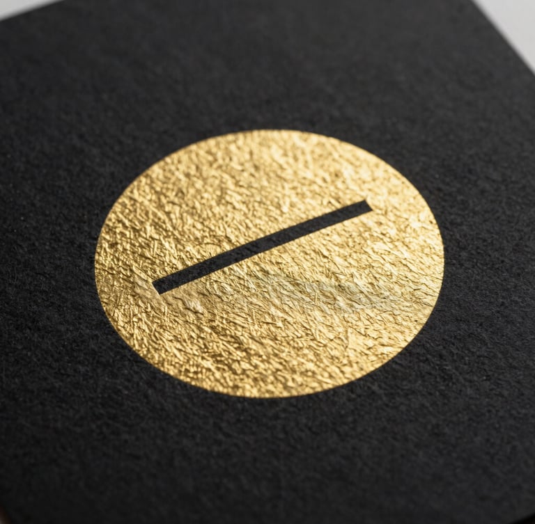 Close-up of embossed gold foil on heavy black cardstock, tactile paper texture, macro studio photography, sharp focus
