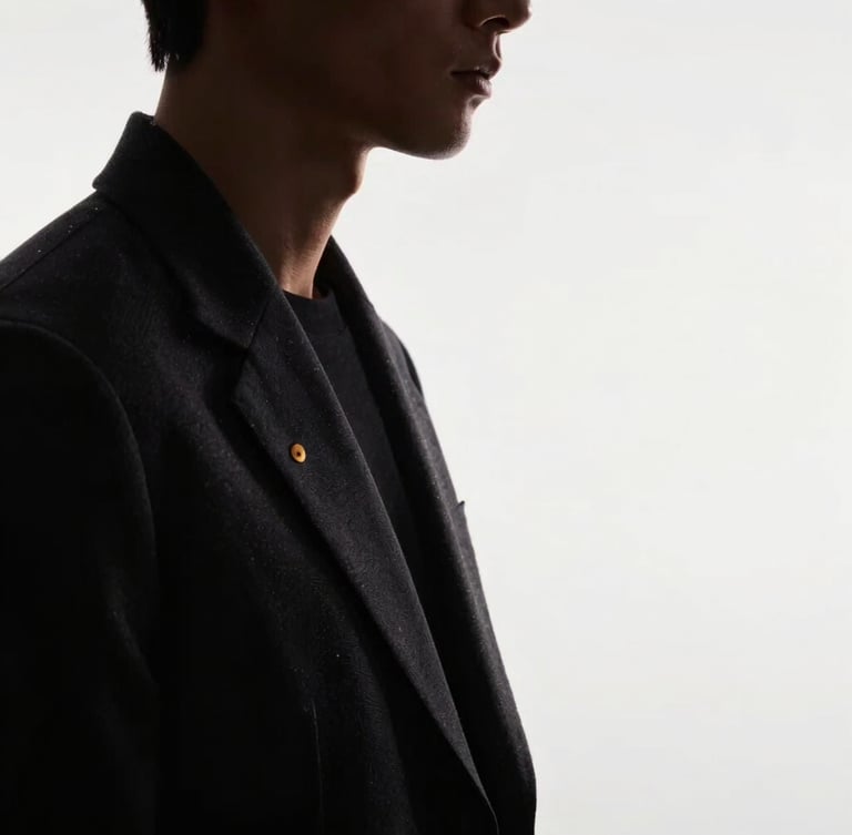 Minimalist studio portrait of a male designer in dark clothing, dramatic side-lighting, soft shadows, clean white background, premium editorial feel.