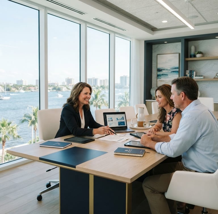 Bright, sun-drenched modern coastal boardroom in West Palm Beach, clean lines, large windows, soft natural light, focused collaborative moments between advisors and clients, architectural details.