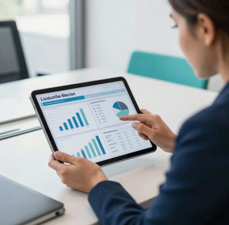 Medium close-up of a professional woman presenting financial dashboards on a tablet to a colleague in a bright, modern Mexican office, natural lighting, sharp focus