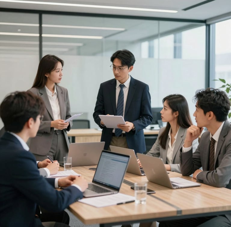 editorial corporate photography, bright natural office daylight, clean navy and teal accents, sharp focus, 35mm. A collaborative meeting of Mexican business partners analyzing administrative flowcharts on a screen, organized modern office setting, natural daylight.