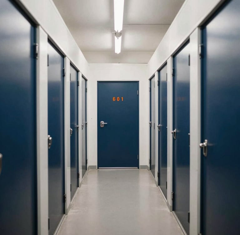 Straight-on wide-angle shot of a clean, brightly lit storage corridor with deep navy doors and safety-orange unit numbers under even daylight.