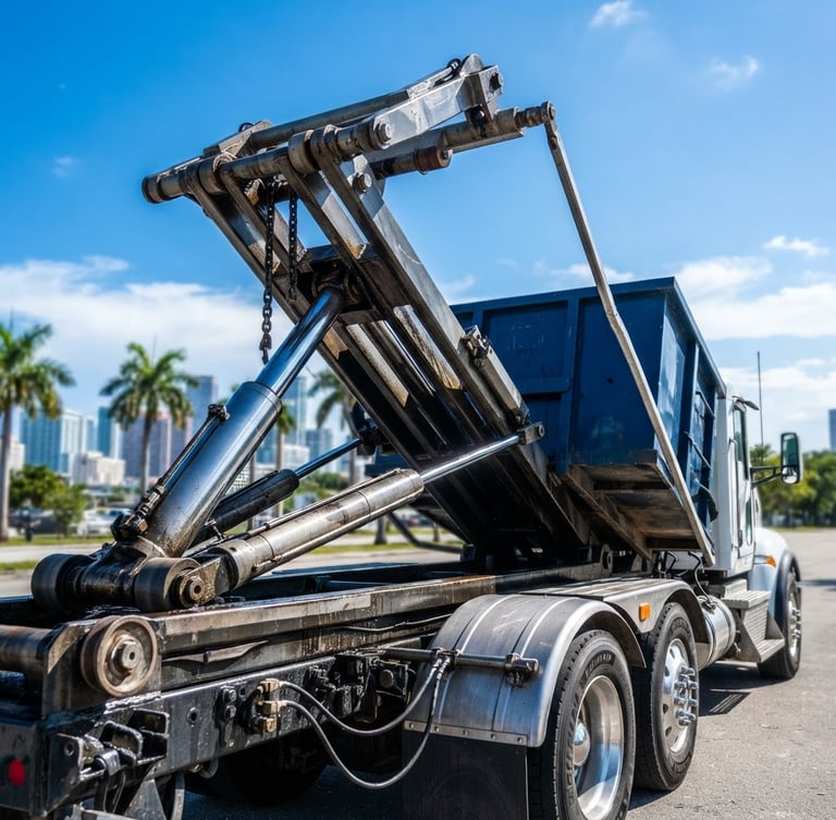 Low-angle heroic shot of a heavy-duty roll-off truck's hydraulic hoist mechanism, clean and branded, under crisp Miami sunlight, sharp focus.