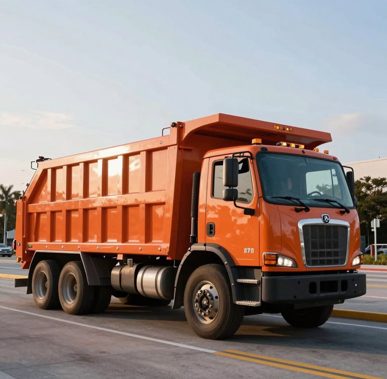 Low-angle heroic shot of a heavy-duty roll-off dumpster truck, safety-orange, driving at dawn in Miami, crisp commercial photography, bright Miami sunlight, high-contrast industrial tones.
