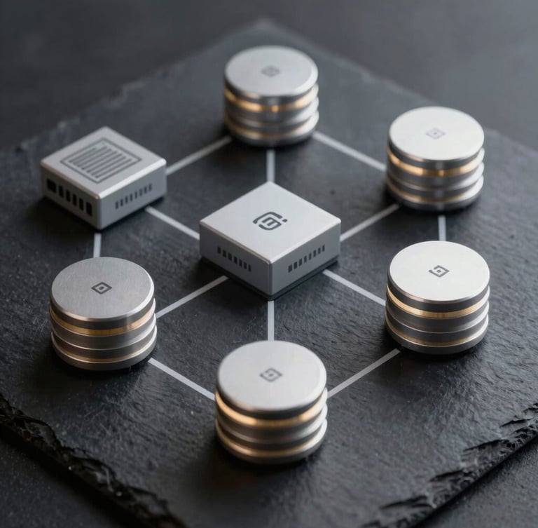 High-contrast vector diagram of a distributed system architecture showing load balancers, microservices, and database replication paths on a dark slate canvas.
