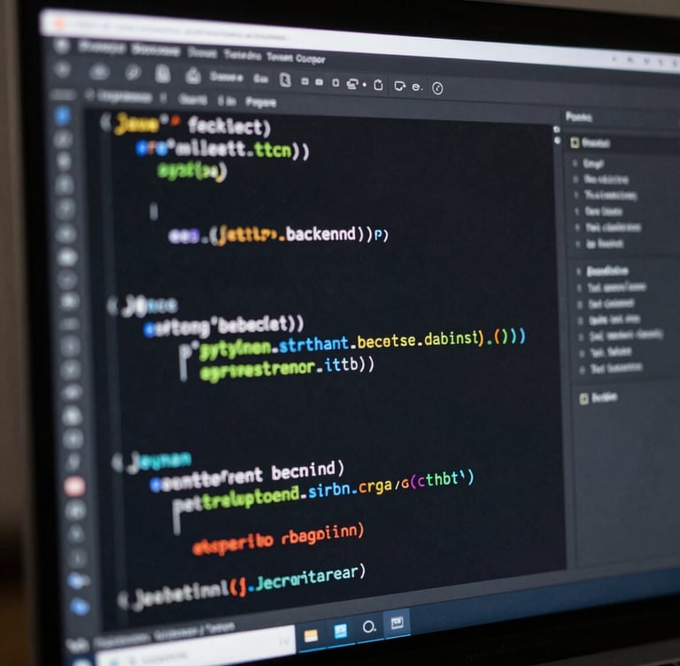 Macro shot of clean, syntax-highlighted Java and Python backend code on a vertical monitor, dark IDE theme, sharp focus on terminal output.