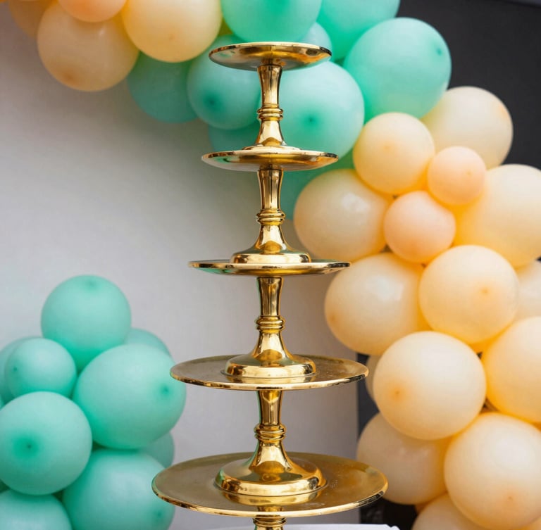 Vibrant close-up of a multi-tiered champagne gold cake stand surrounded by organic balloon garlands, bright professional lighting, celebratory atmosphere