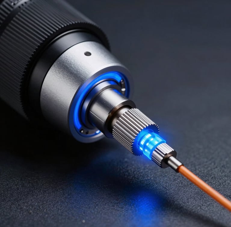 Close-up of precision fiber optic splicing under cool-toned studio lighting with sharp electric blue accent glows, 8k