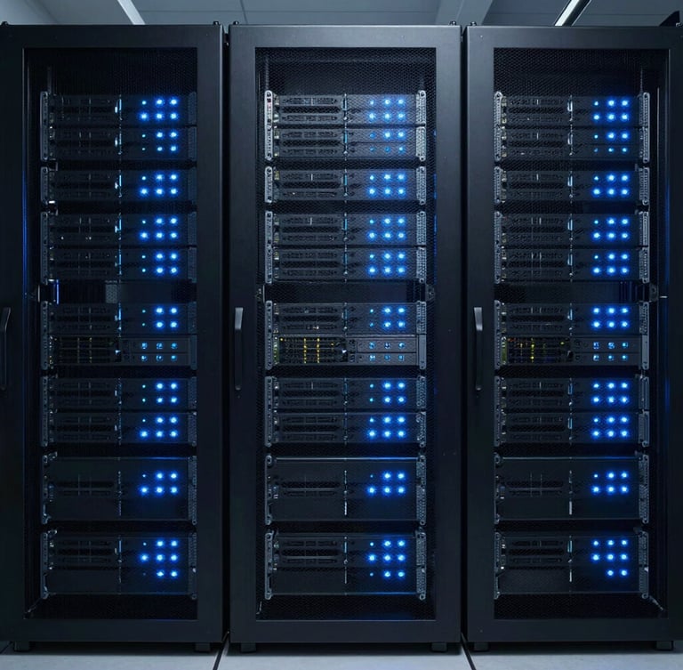 Symmetrical environmental shot of a modern enterprise data center, clean server racks with glowing electric blue indicators, cool-toned corporate technology photography, sharp lighting.