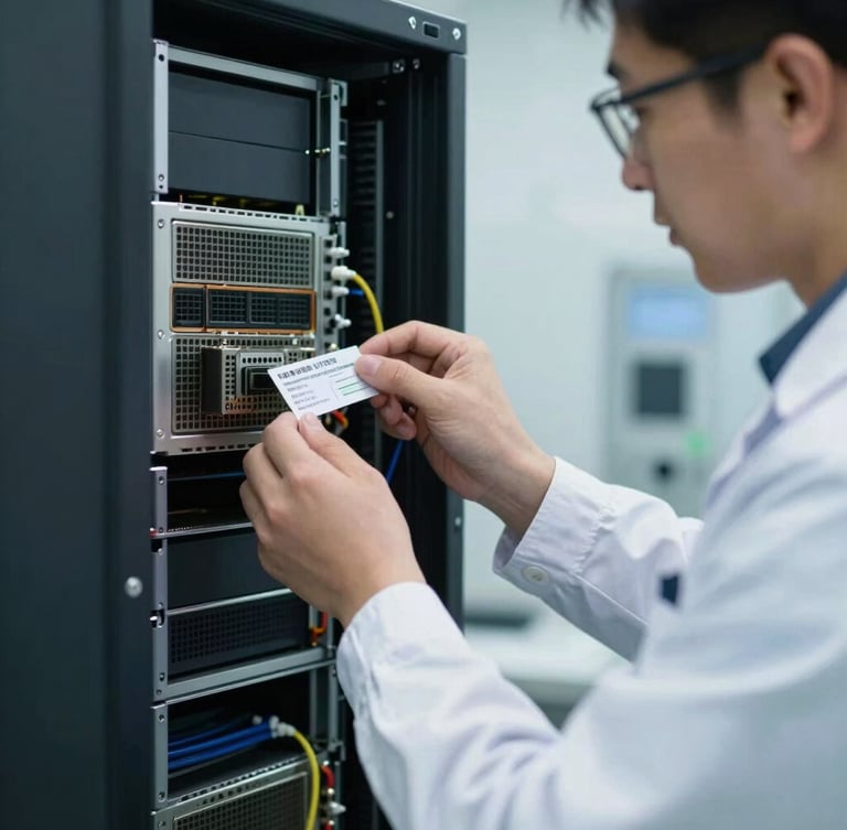 A technical close-up of a uniformed technician scanning a serialized asset tag on a de-branded server blade inside a cleanroom facility, cool clinical lighting.