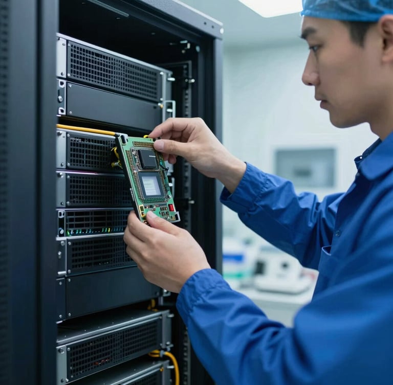 A technical close-up of a uniformed technician in a high-contrast clinical cleanroom systematically un-installing a server blade from a dark data center rack, cool blue lighting